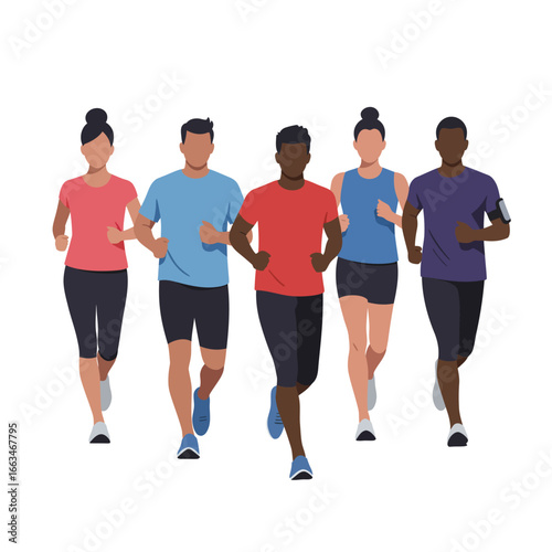A diverse group of five men and women, dressed in vibrant athletic wear, are actively engaged in a healthy running exercise, promoting fitness and well-being.