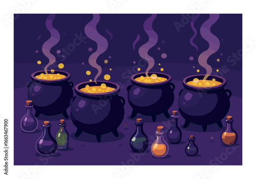 Bubbling cauldrons with colorful potion bottles in a mystical setting