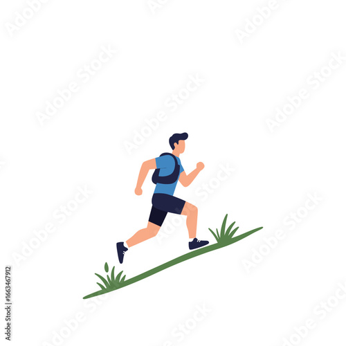 A determined male athlete wearing a backpack is energetically running uphill on a grassy incline, showcasing dedication to fitness and an active, healthy lifestyle.