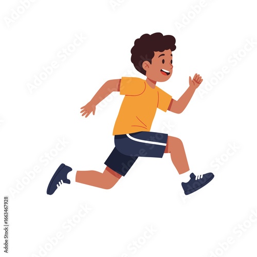 A cheerful young boy with curly hair and a bright yellow shirt actively runs or jumps forward, embodying energy, playfulness, and healthy childhood.