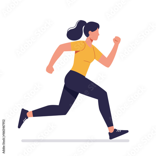 A fit young woman with dark hair is actively running, demonstrating a healthy and energetic lifestyle through exercise and physical activity.