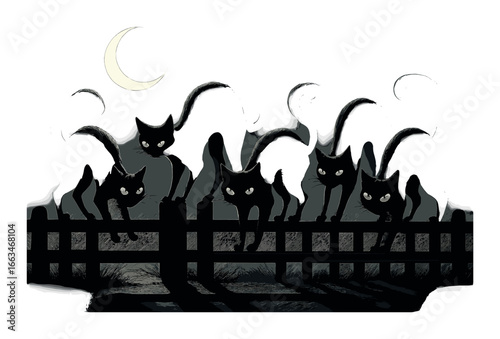 Mysterious black cats on fence under crescent moon in dark night scene