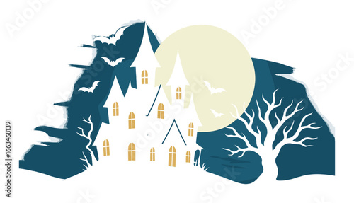 Spooky haunted house lit by moonlight with bats and bare tree
