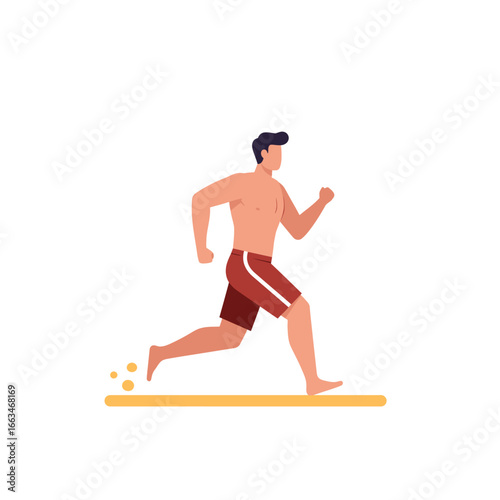 A vibrant flat vector illustration shows a fit, shirtless man in red shorts running barefoot on a sandy path, symbolizing an active and healthy lifestyle.