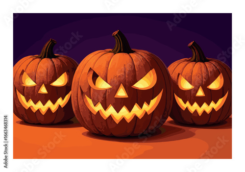 Glowing jack-o'-lantern trio with menacing expressions on halloween night