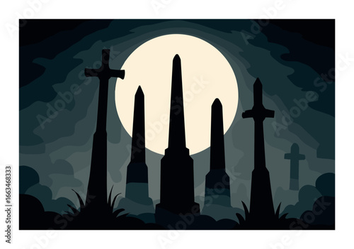 Silhouetted tombstones against full moon in spooky cemetery scene