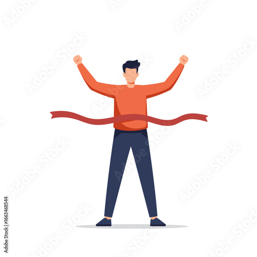 A triumphant man celebrates crossing the finish line, symbolizing personal achievement, goal completion, and the joy of success in a competitive endeavor.