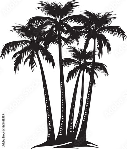 Group of Palm Trees Several palm trees arranged closely, each with trunks positioned at varying angles, all crowned with lush fronds. Full-length silhouette black vector design.