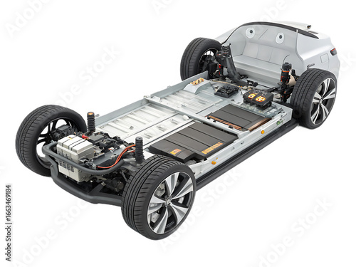 Electric Vehicle Chassis Underside View with Battery Pack and Motor Assembly Revealing Modern Automotive Engineering Technologies