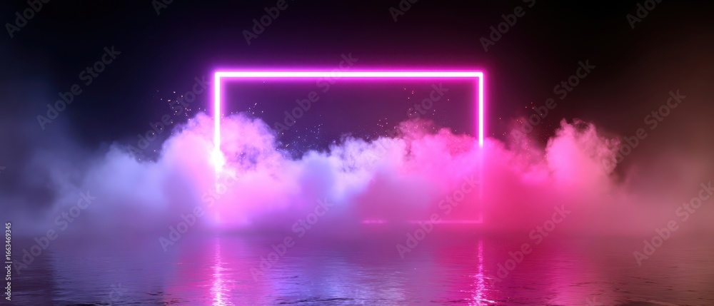 Fototapeta premium The Neon Frame Illuminated by Colorful Fog Over a Reflective Surface