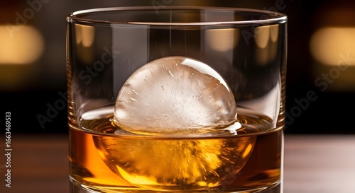A glass of whiskey with a large spherical ice cube, placed on a wooden table with a blurred background.