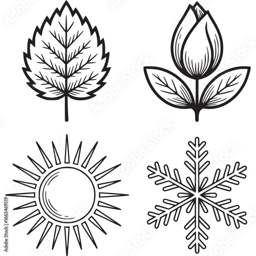 Art of a collection of four seasonal icons including a leaf, a rose bud with leaves, a sun with rays, and a snowflake, all in a simple black and white line art style