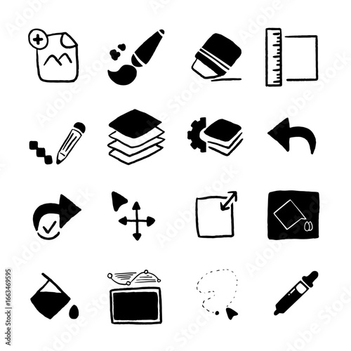 Set of hand-drawn black icons representing digital drawing tools in Medibang Pro. Includes brush, eraser, layers, ruler, undo, redo, move, transform, bucket fill, vector, pen, and color picker.