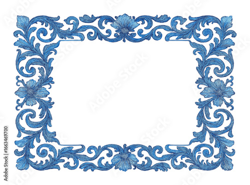 Elegant blue floral frame with intricate ornate design on dark background