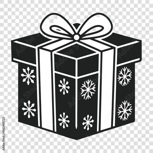 Christmas gift box illustration with snowflakes and ribbon in black and white design