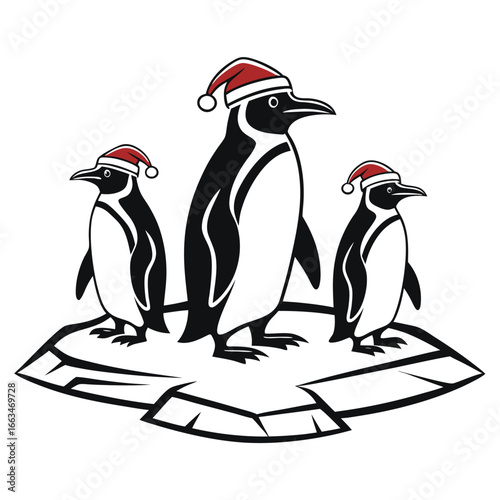 Christmas penguins on ice floe wearing Santa hats vector illustration artwork
