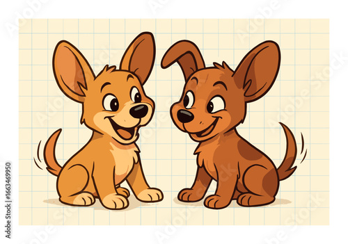 Two smiling cartoon puppies on graph paper background