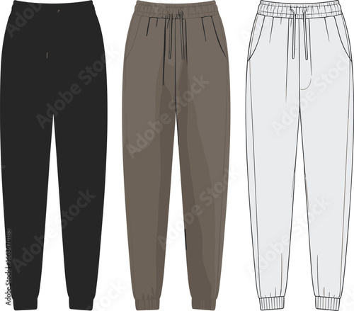 CAD drawing flat vector illustration of jogger pants, black brown white styles, front and back views, drawstring waist, panel detail, garment layout, fashion sketch template