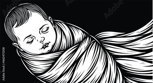 Black and white vector, sleeping baby illustration, swaddled newborn in blanket, peaceful infant face, high contrast design, calm, serene, minimalist