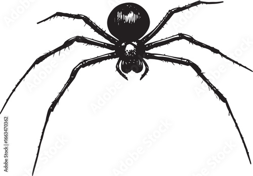 Spider Hunting Body angled forward with legs extended, poised in position to pounce on prey. full length silhouette black vector illustration
