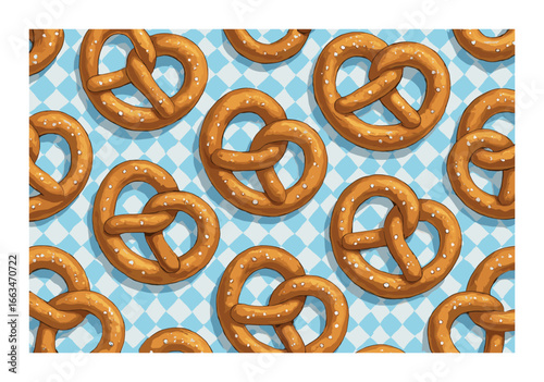 Pattern of salted pretzels on blue and white checkered background