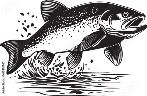 Trout laying eggs body angled in shallow water, fins spread wide, and tail flicking as it spawns in a full-length silhouette.