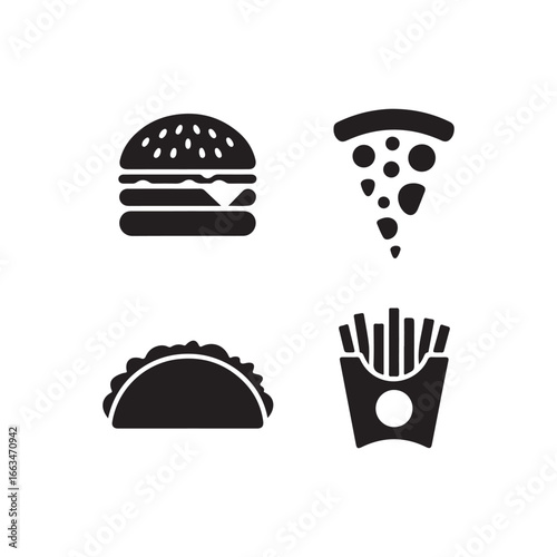 Four popular fast food icons burger pizza taco and french fries representing delicious american cuisine silhouette