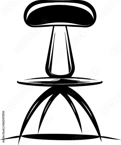 A minimalist black and white line art illustration of a stylized mushroom-shaped stool or chair, showcasing a unique and abstract design with a broad seat and a tapered base supported by curved legs