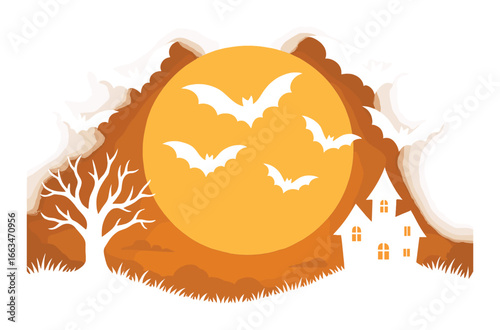 Spooky halloween night with full moon, bats, and haunted house silhouette