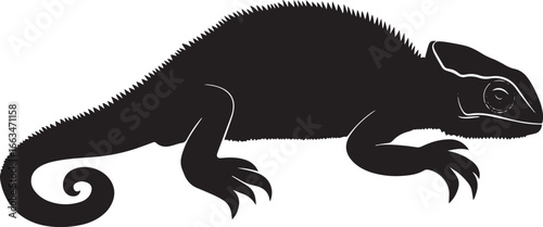 Chameleon Basking Lying on a warm surface body extended absorbing heat from the sun. full length silhouette black vector illustration