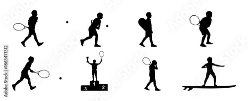 Vector set of badminton little kids standing in different styles. Badminton players, basketball players can be used on social media.