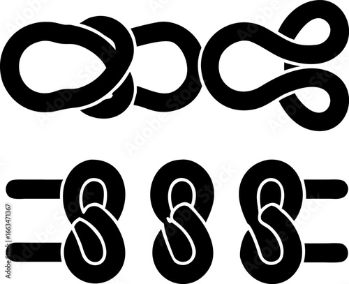 A vector illustration set showing the sequential steps for tying a figure-eight knot and other loop variations in a bold black silhouette style for guides