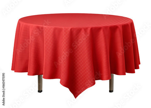 Elegant red round tablecloth draping over a table on a dark background creating a visually appealing scene for various purposes