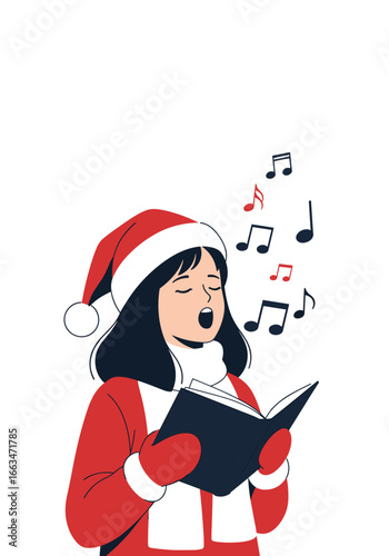 Young girl wearing a santa hat singing carols joyfully holding a book with musical notes floating around her head