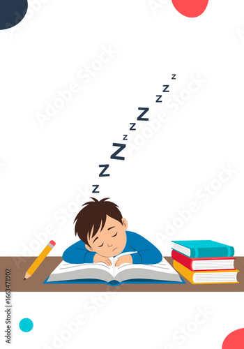A tired student falls asleep while studying with books and a pencil on a desk