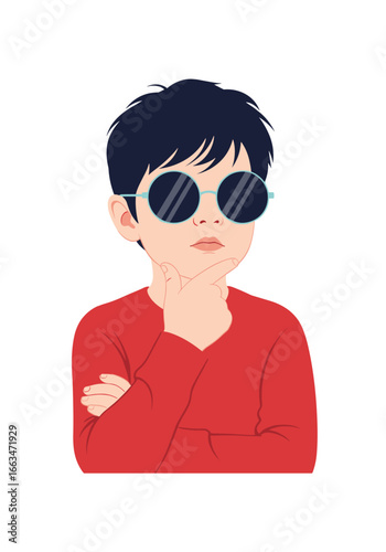 A young boy wearing stylish round sunglasses with dark hair and a red sweater pondering deeply with his hand on his chin