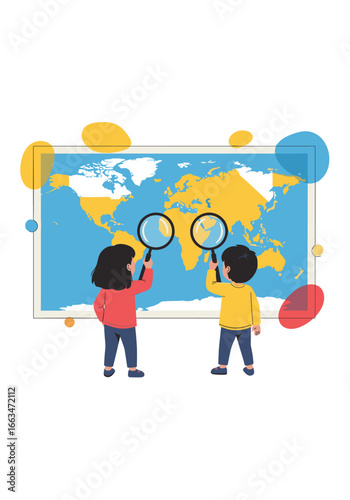 Young explorers discover the world map through magnifying glasses learning geography with curiosity and adventure