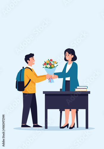 Grateful student presents flowers to respected teacher at school desk showing appreciation and respectful gesture