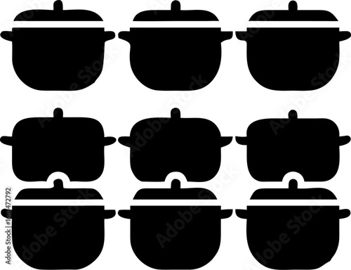 A monochromatic graphic array showcasing nine identical cooking pots with lids, meticulously arranged in a clean grid pattern, symbolizing kitchen essentials.