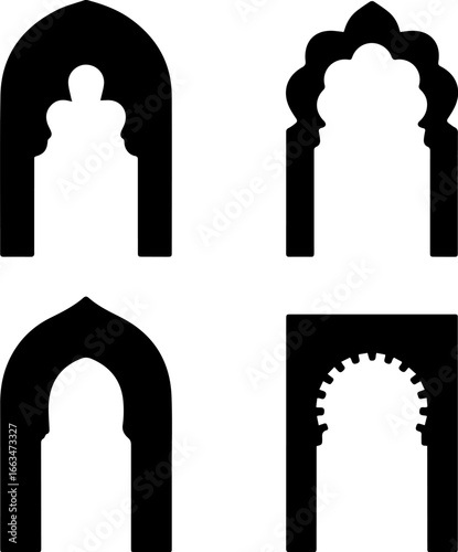Set of four stylized arched doorways, showcasing diverse shapes and ornate designs for architectural or decorative elements