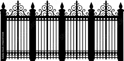 Elegant black silhouette of a classic wrought iron fence with ornate decorative scrollwork and pointed finials, a vector illustration of a vintage balustrade gate isolated on a white background