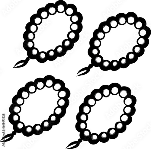 Four isolated tasbih or Islamic rosary bead vector icons in a bold black outline style. Graphic symbols for religious prayer, meditation, and spiritual practice during holy months