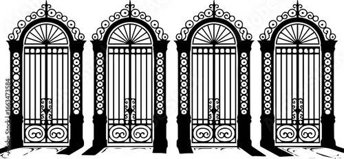 Elegant Black and White Gate Design A symmetrical architectural element ideal for adding a touch of sophistication and classical charm to any design project, suitable for various creative applications
