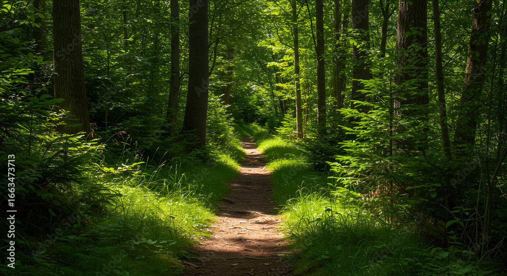Obraz premium Sunlit forest path winding through a vibrant green woodland, inviting discovery and peaceful walks amidst towering trees and dappled light, evoking a sense of tranquility and natural beauty