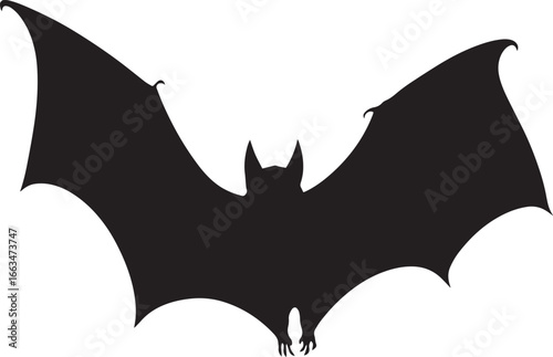 Bat Flapping Wings in a rapid flapping motion, body angled slightly forward. full length silhouette black vector illustration