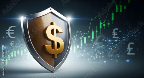 A shield with a dollar sign on it, set against a financial graph with currency symbols and a glowing light.