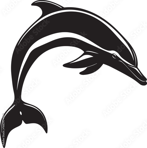 Dolphin Jumping Mid-air leap with body curved, tail fin extended downward. full length silhouette black vector illustration