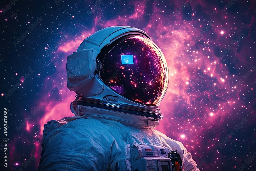 Fototapeta premium An astronaut in a spacesuit against a background of stars and nebulae