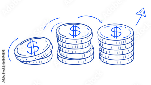 Hand drawn coins showing growth, representing financial success, investment, and economic progress, indicating wealth and profit