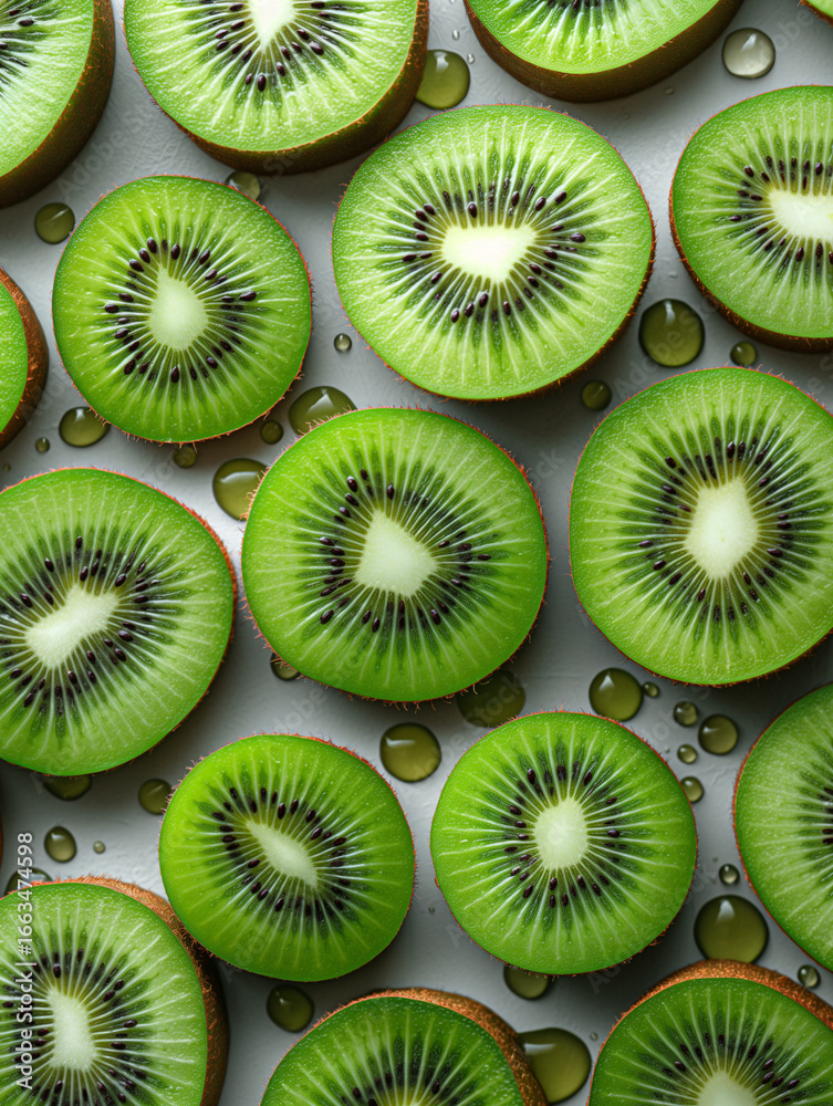 Fototapeta premium Fresh kiwi slices with water drops. Green fruit pattern. Healthy food background for diet and wellness themes.